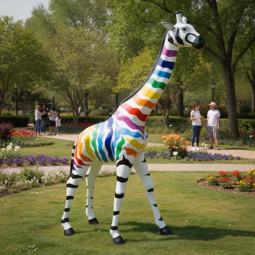 Life-Size Giraffe Sculpture – Colorful Zebra Stripes Lifestyle View by Luxury Group International