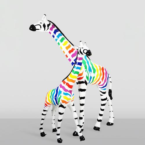 Life-Size Giraffe Sculpture – Colorful Zebra Stripes Side View by Luxury Group International