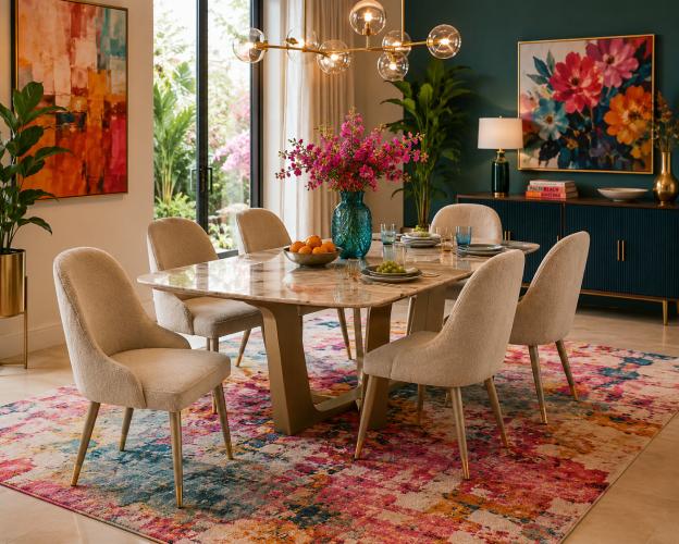 Silla de comedor moderna de lujo tapizada en bouclé beige claro con respaldo redondeado por Luxury Group International