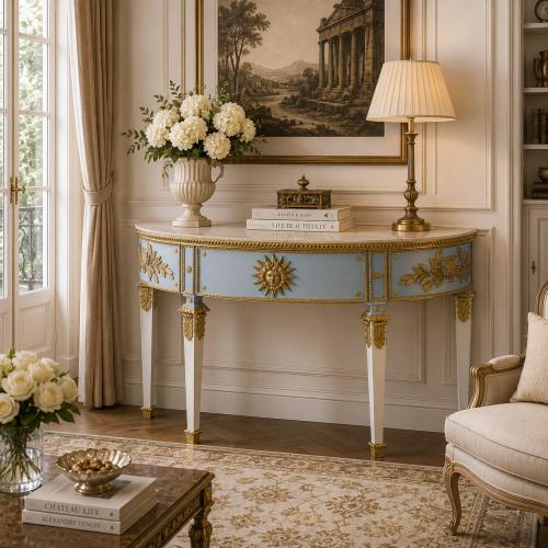 Console Demi-Lune de Luxe Bleu Clair et Or avec Médaillon Sculpté en Rayons de Soleil par Luxury Group International