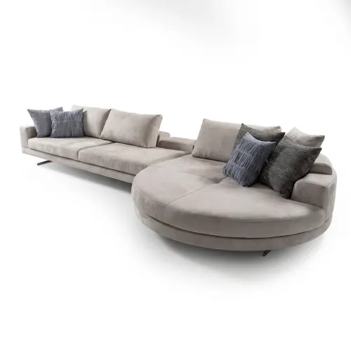 Canapé moderne de luxe gris clair en tissu d'ameublement mat avec méridienne côté droit par Luxury Group International