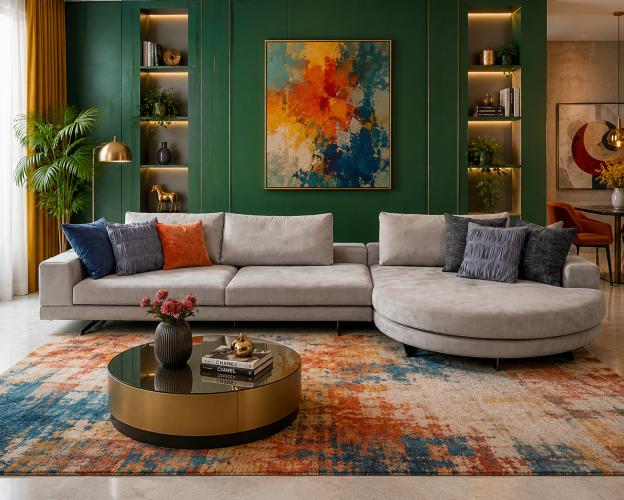 Canapé moderne de luxe gris clair en tissu d'ameublement mat avec méridienne côté droit par Luxury Group International