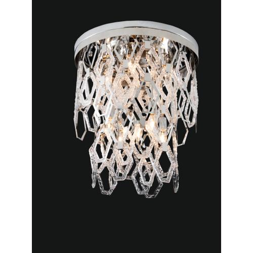 Lujoso candelabro moderno de cristal en vidrio transparente con cromo pulido y celosía de prismas facetados por Luxury Group International
