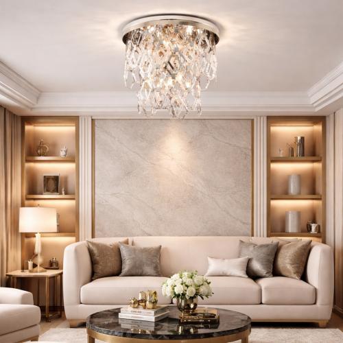 Lampadario moderno di lusso in cristallo con vetro trasparente e finitura cromo lucido a rete di prismi sfaccettati di Luxury Group International