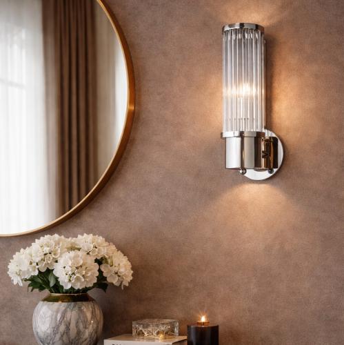 Luxury 1 Light LED Tube Glass Long Slim Crystal Gold/Chrome Finish Metal Wall Lamp by Luxury Group International