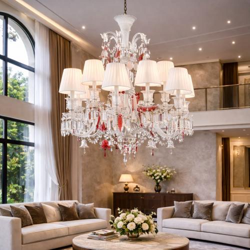 Luxury 12 lights Chandelier in Silver Polished Crystal with white lampshades & crystal drops by Luxury Group International