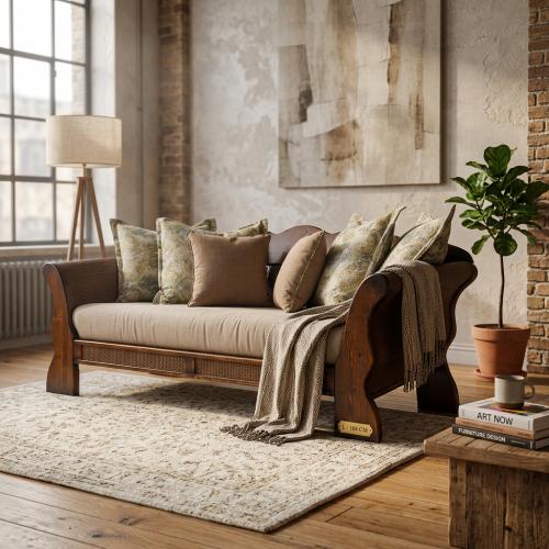 Sofá de Madera de Lujo para 2 Personas con Tapicería de Tela y Brazos de Caña Tejida - Muebles para Sala de Estar Vista lifestyle por Luxury Group International