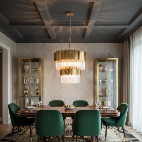 Luxus 2-stufiger Glasrohr-Kronleuchter mit goldenem Kristall von Luxury Group International