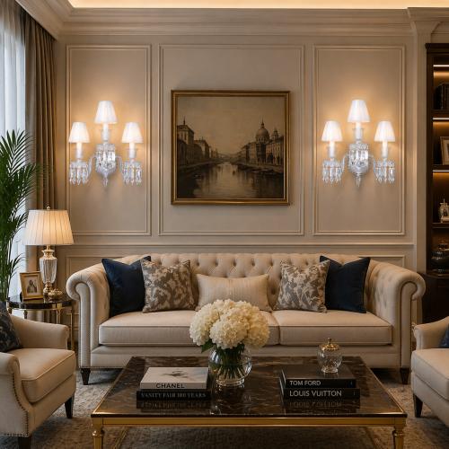 Lampada da Parete di Lusso a 3 Candele in Cristallo con Paralume di Luxury Group International