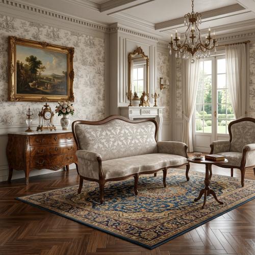 Luxus 3-Sitzer Sofa mit Damast-Bezug im Nussbaumholzrahmen – Wohnzimmermöbel Lifestyle-Ansicht von Luxury Group International