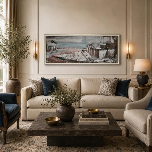Luxus Abstrakte Küstendorf Wandkunst mit Strukturiertem Monochromem Landschaftsdesign von Luxury Group International