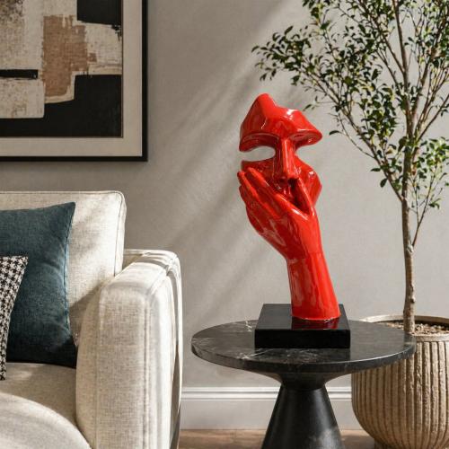 Luxury Abstract Mask Sculpture with Hand Gesture in Red Gloss Finish - Modern Sculpture Lifestyle View by Luxury Group International