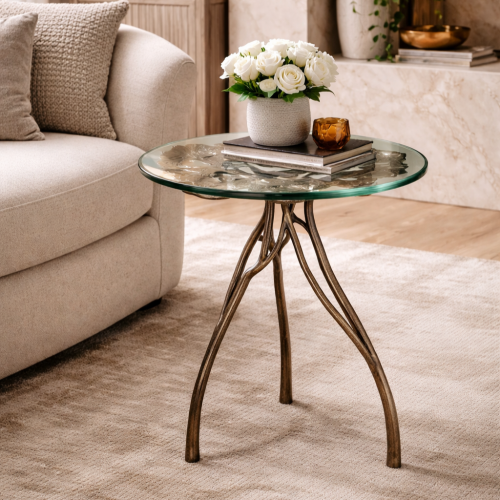 Luxury Antique Brass Round Clear Glass Top Side Table by Luxury Group International