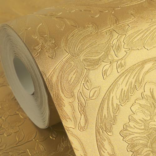 Versace Antique Gold Baroque Floral leaf Non-Woven Designer Wallpaper by Luxury Group International