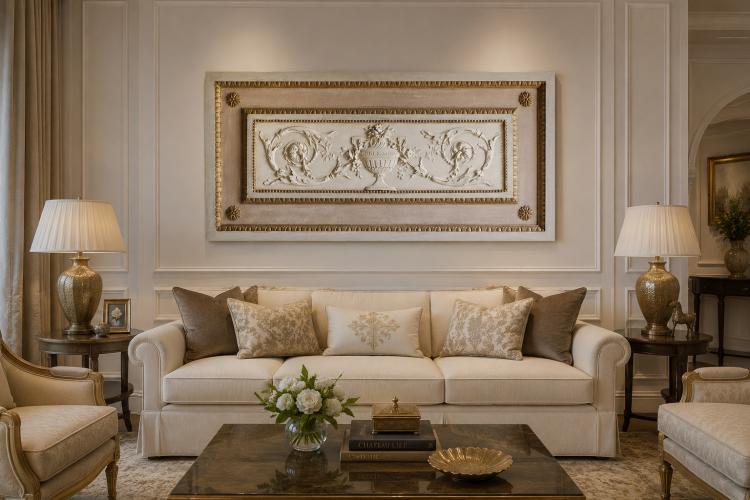 Luxus Antikes Wandkunst-Panel in Creme mit Ornamentaler Blumenrelief von Luxury Group International