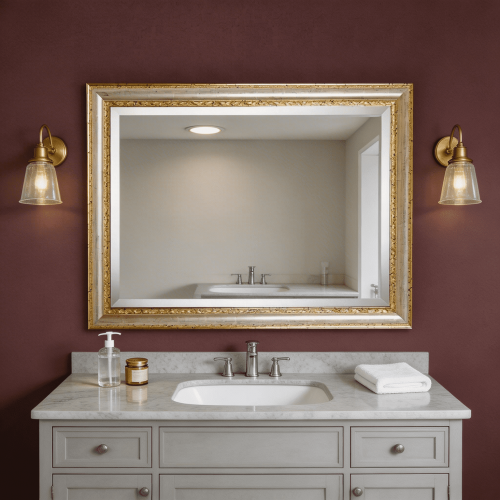 Luxury Antiqued Silver Baroque Wall Mirror with Gold Leaf Carved Inner Trim & Bevelled Glass Lifestyle View by Luxury Group International
