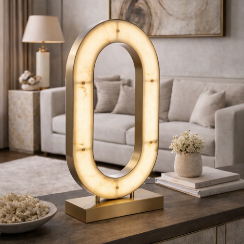 Luxus Art Deco Alabaster Ring Licht Gold Finish Tischlampe von Luxury Group International