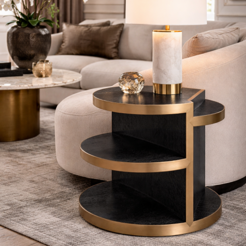 Luxury Art Deco Charcoal grey oak veneer side table with brushed brass finish by Luxury Group International