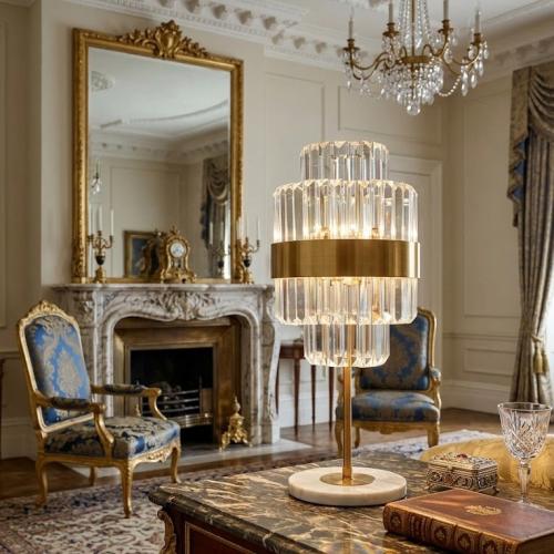 Luxury Art Deco Crystal Prism Golden Rod Table Lamp with Marble Base and Brass Band by Luxury Group International
