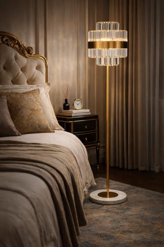 Luxury Art Deco Crystal Prism Long Golden Rod Floor Lamp with Marble Base and Brass Band by Luxury Group International