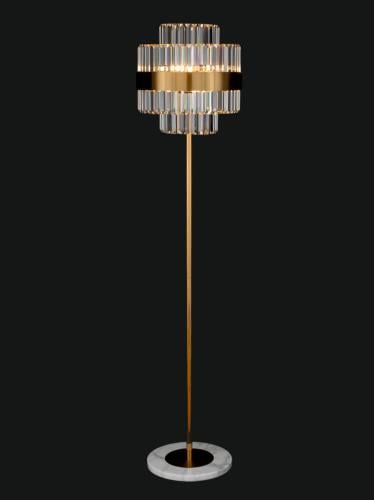 Luxury Art Deco Crystal Prism Long Golden Rod Floor Lamp with Marble Base and Brass Band by Luxury Group International
