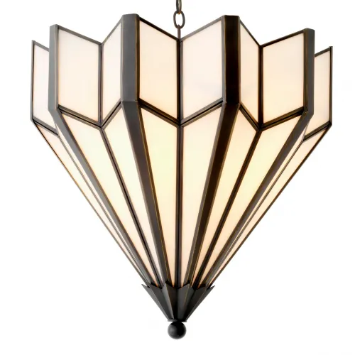 Lampadario di Lusso Art Deco Geometrico con Finitura in Bronzo e Vetro Bianco Soffiato di Luxury Group International