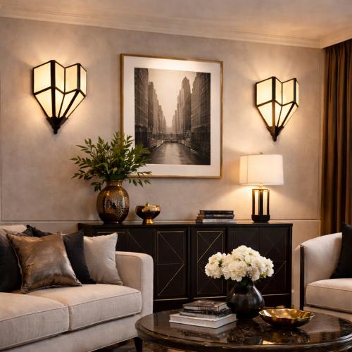 Lampada da parete di lusso Art Deco geometrica con finitura bronzo evidenziata e vetro bianco colato di Luxury Group International