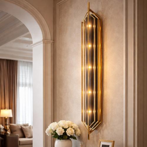 Luxury Art Deco Gold Finish Cylindrical Modern Glass Wall Lamp – Vertical Designer Light Lifestyle View by Luxury Group International