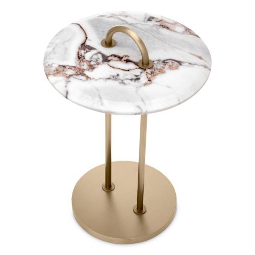 Luxury Art Deco Round White Marble Top Brushed Brass Side Table with Handle by Luxury Group International