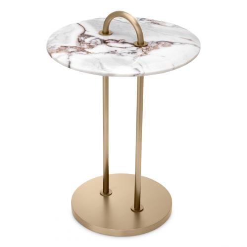 Luxury Art Deco Round White Marble Top Brushed Brass Side Table with Handle by Luxury Group International