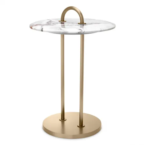 Luxury Art Deco Round White Marble Top Brushed Brass Side Table with Handle by Luxury Group International