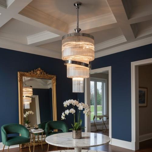 Luxus Art-déco-Spiral-Kristall-Kronleuchter mit verchromten, gestuften LED-Ebenen von Luxury Group International