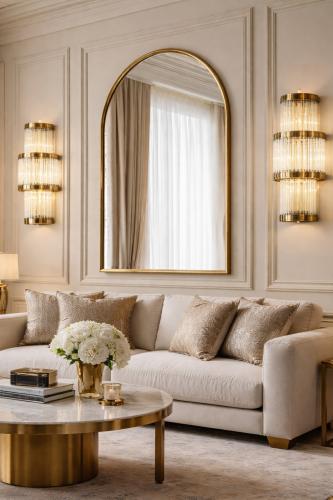 Luxury Art Deco Style 3-Tier Polished Brass Hand-Blown Glass Rod Wall Lamp Lifestyle View by Luxury Group International