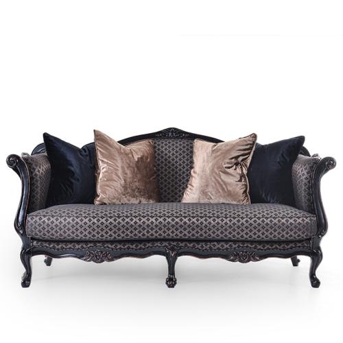 Sofá de Terciopelo Barroco de Lujo para 2 Personas con Tapicería Jacquard Texturizada y Estructura de Madera Negra Vista frontal por Luxury Group International