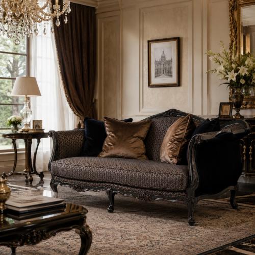 Sofá de Terciopelo Barroco de Lujo para 2 Personas con Tapicería Jacquard Texturizada y Estructura de Madera Negra Vista lifestyle por Luxury Group International