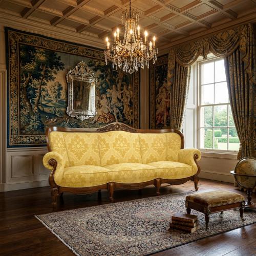 Luxury Baroque 3-Seater Sofa with Damask Pattern Upholstery in Beige & Yellow Color Variations Lifestyle View by Luxury Group International
