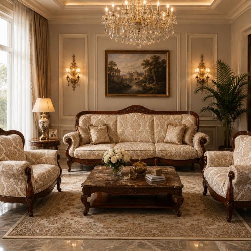 Luxury Baroque 3-Seater Sofa with Damask Pattern Upholstery in Beige & Yellow Color Variations Lifestyle View by Luxury Group International