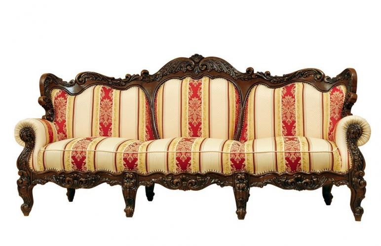 Luxury Baroque 3-Seater Sofa with Red & Gold Damask Stripe Upholstery in Hand-Carved Wooden Frame Front View by Luxury Group International