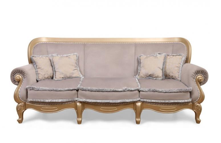 Luxury Baroque 3-Seater Sofa with Taupe Velvet Upholstery in Gold Carved Wooden Frame Front View by Luxury Group International