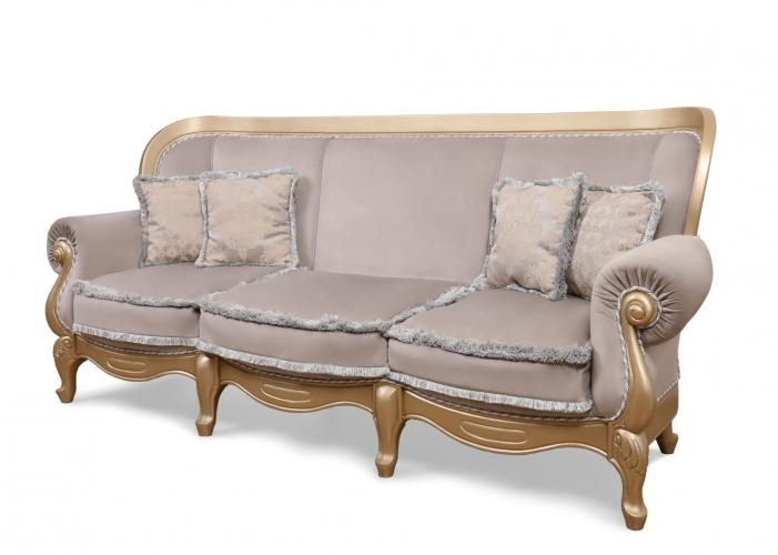 Luxury Baroque 3-Seater Sofa with Taupe Velvet Upholstery in Gold Carved Wooden Frame Side View by Luxury Group International