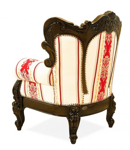 Luxury Baroque Armchair with Red & Gold Damask Stripe Upholstery in Hand-Carved Wooden Frame Back View by Luxury Group International