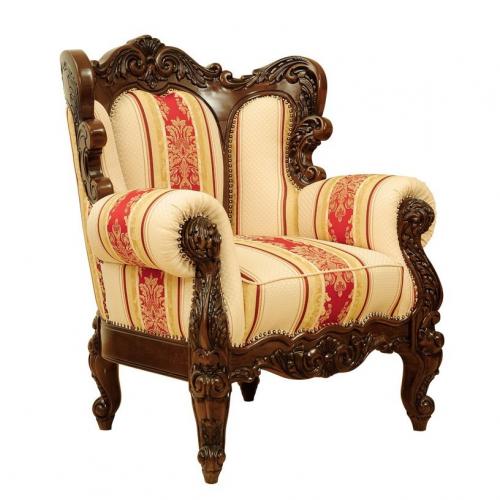 Luxury Baroque Armchair with Red & Gold Damask Stripe Upholstery in Hand-Carved Wooden Frame Front View by Luxury Group International
