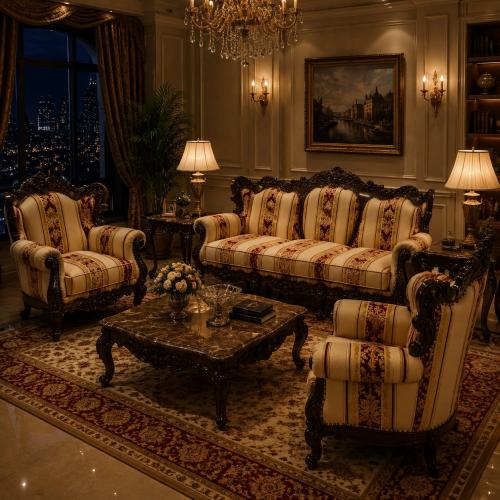 Luxury Baroque Armchair with Red & Gold Damask Stripe Upholstery in Hand-Carved Wooden Frame Lifestyle View by Luxury Group International