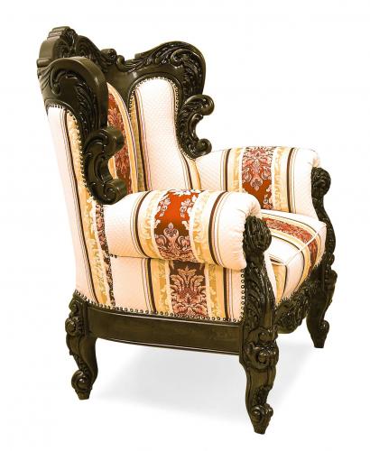 Luxury Baroque Armchair with Red & Gold Damask Stripe Upholstery in Hand-Carved Wooden Frame Side View by Luxury Group International
