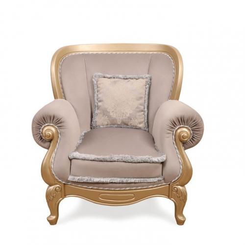 Luxury Baroque Armchair with Taupe Velvet Upholstery in Gold Carved Wooden Frame Front View by Luxury Group International