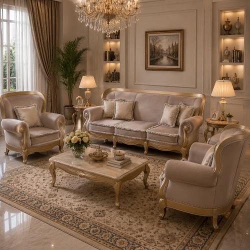 Luxury Baroque Armchair with Taupe Velvet Upholstery in Gold Carved Wooden Frame Lifestyle View by Luxury Group International