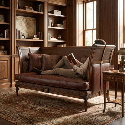 Sofá Cama de Cuero Marrón Barroco de Lujo con Paneles Traseros de Caña Tejida y Detalles de Correa Vista lifestyle por Luxury Group International