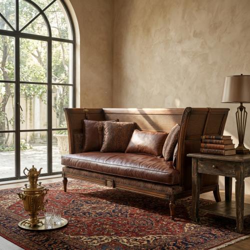 Sofá Cama de Cuero Marrón Barroco de Lujo con Paneles Traseros de Caña Tejida y Detalles de Correa Vista lifestyle por Luxury Group International