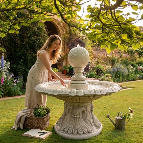 Luxury Baroque Central Sphere Jet Water Fountain with Sculpted Basin & Pedestal Base - Baroque Fountain Lifestyle View by Luxury Group International