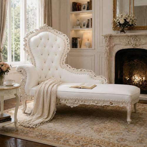 Luxury Baroque Chaise Longue Sofa in Hand-Carved Wooden Frame with Walnut & Ivory Finish Variation Lifestyle View by Luxury Group International